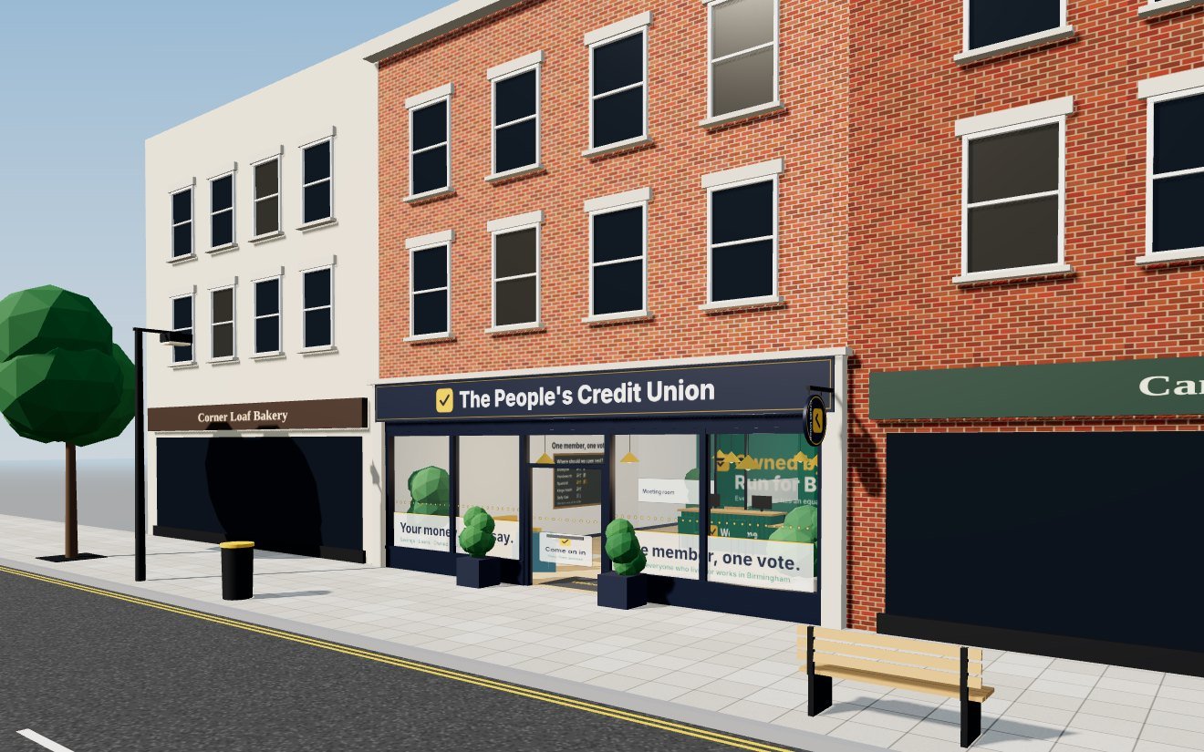 3D concept of The People's Credit Union branch on a Birmingham high street: a navy fascia with the logo, glass shopfront and planters by the door.